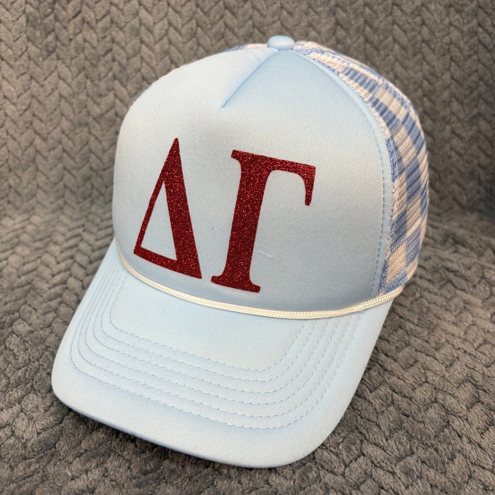 Delta Gamma DG Sorority Trucker Hat Light Blue Gingham Mesh Snapback Cap